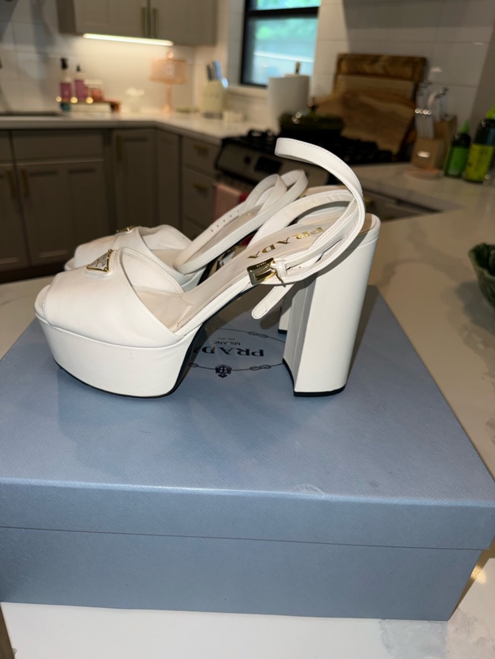Prada White Leather Platform Block Heel Sandals with Gold Logo - Picture 6 of 12